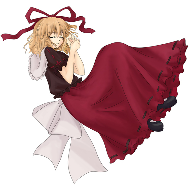 mizumae, medicine melancholy, touhou, 1girl, blonde hair, closed eyes, female focus, hair ribbon, lying, ribbon, simple background, sleeping, solo, white background
