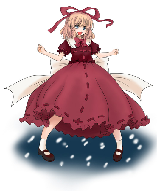 mizumae, medicine melancholy, touhou, 1girl, blonde hair, blue eyes, female focus, hair ribbon, ribbon, solo, standing, white background