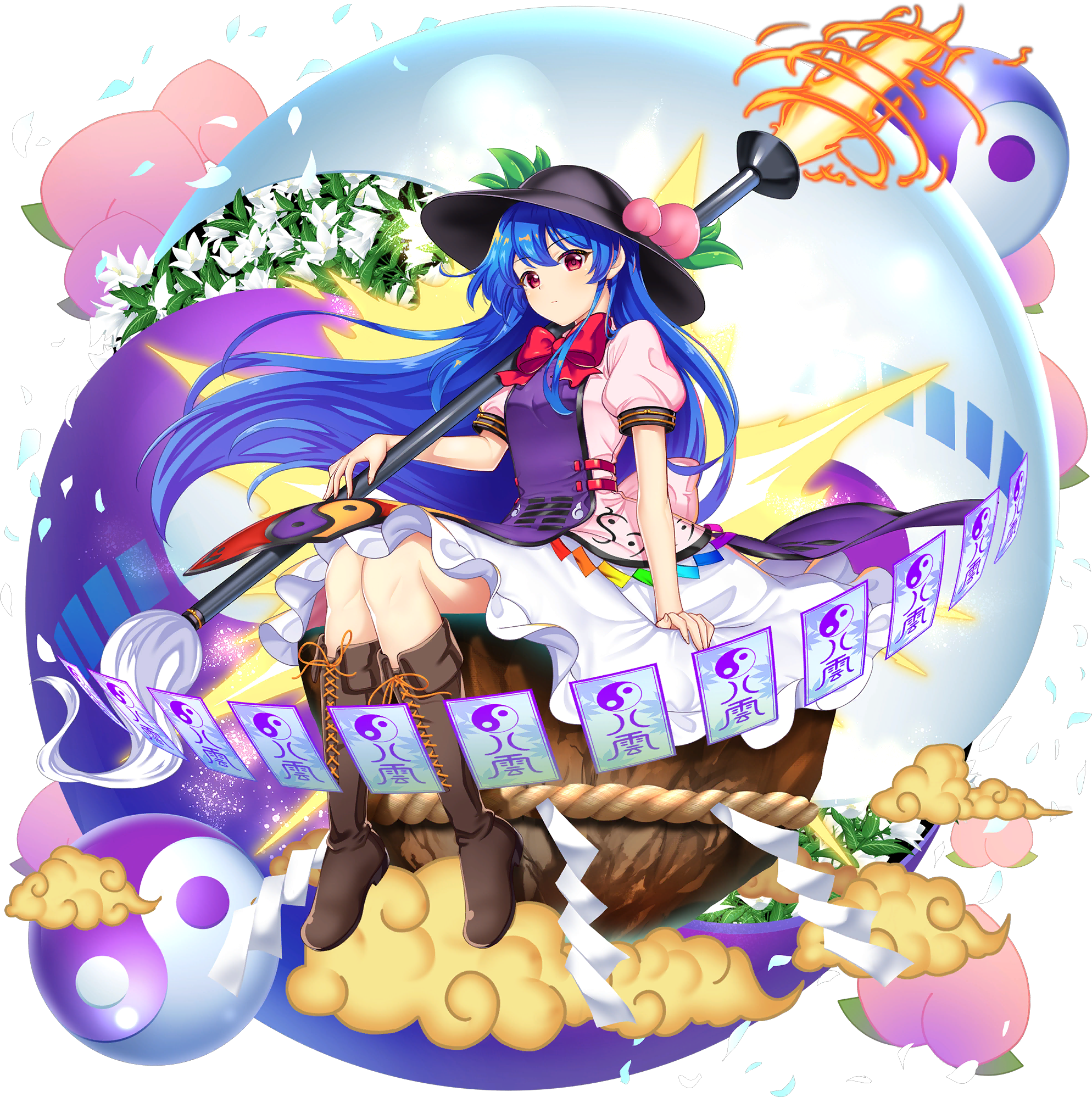 rotte (1109), hinanawi tenshi, yakumo yukari, touhou, touhou lostword, flower request, game cg, highres, official art, third-party source, 1girl, alternate costume, black hat, blue hair, boots, bow, bowtie, brown boots, closed mouth, cloud, cosplay, falling petals, flower, fruit hat ornament, hat, hat ornament, holding, holding weapon, kaname-ishi, knee boots, lace-up boots, leaf hat ornament, long hair, looking at viewer, ofuda, orb, peach hat ornament, petals, pink shirt, puffy short sleeves, puffy sleeves, purple tabard, rainbow order, red bow, red bowtie, red eyes, shirt, short sleeves, sitting, skirt, solo, sword of hisou, tabard, transparent background, very long hair, weapon, white flower, white petals, white skirt, yakumo yukari (cosplay), yin yang, yin yang orb, yin yang print