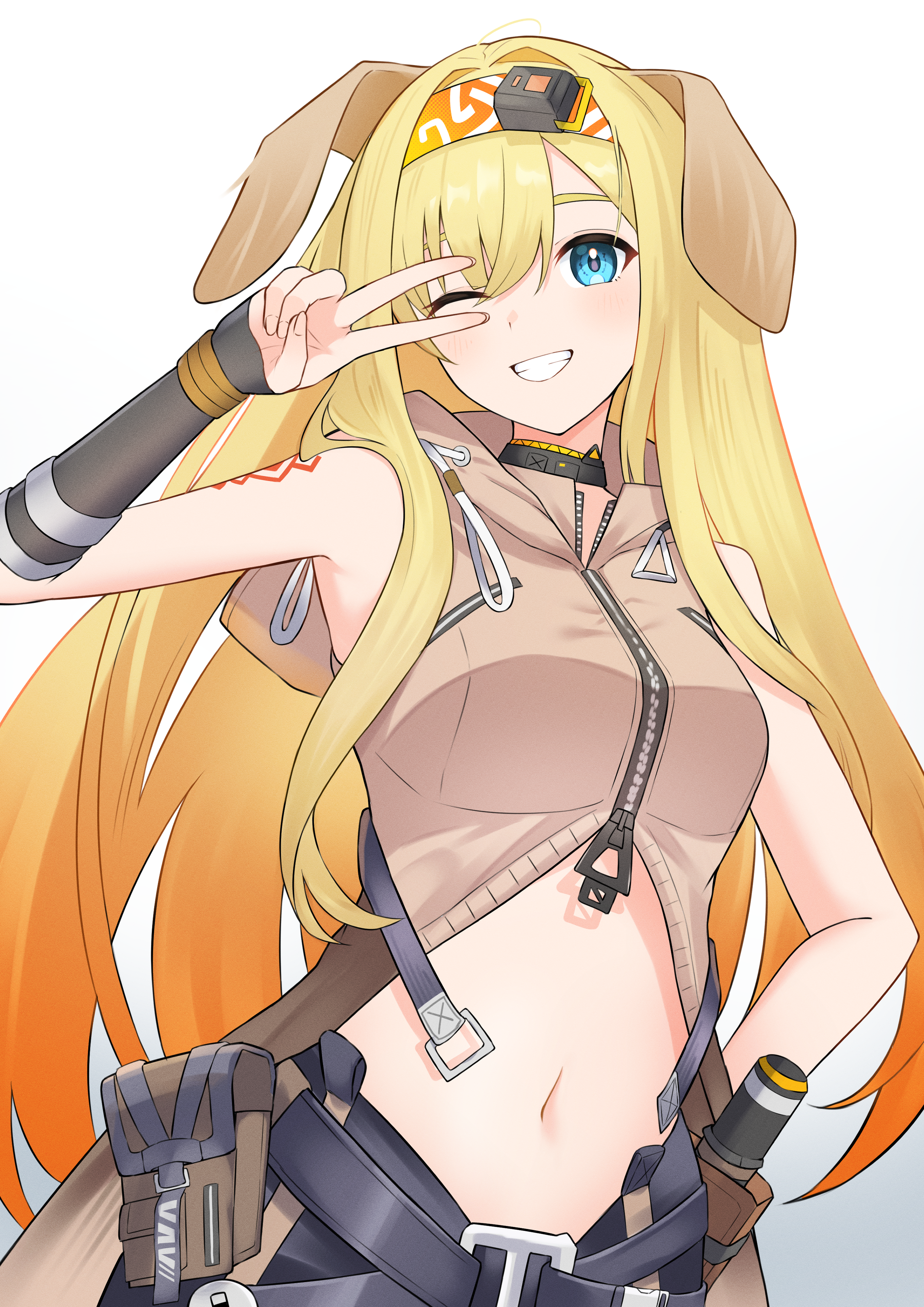 k@bu, brigid (arknights), arknights, absurdres, highres, 1girl, animal ears, arm markings, bare shoulders, blonde hair, blue eyes, brown choker, brown jacket, choker, crop top, dog ears, dog girl, gradient background, hair intakes, hairband, hood, hood down, hooded jacket, jacket, long hair, looking at viewer, midriff, navel, one eye closed, orange hairband, sleeveless, sleeveless jacket, smile, solo, v, v over eye, white background