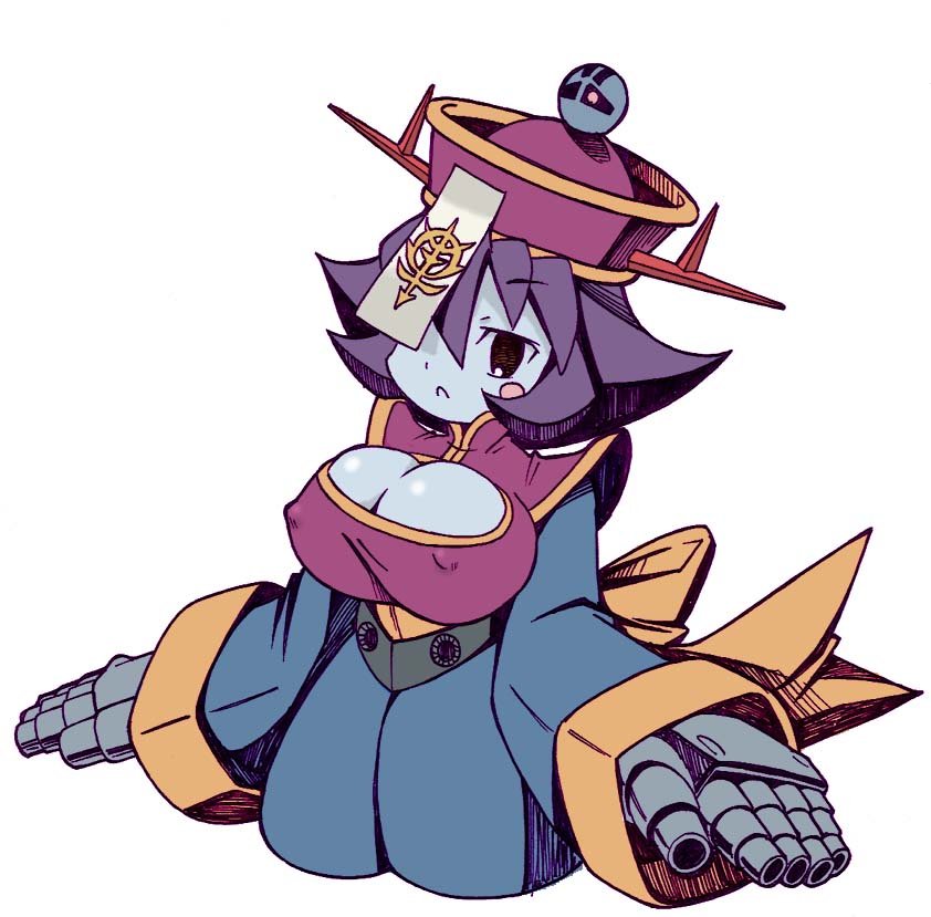 kakuchou, hsien-ko, zeong, capcom, darkstalkers, gundam, mobile suit gundam, 1girl, breasts, cleavage, covered erect nipples, eighty percent complete (meme), female focus, flipped hair, large breasts, meme, solo
