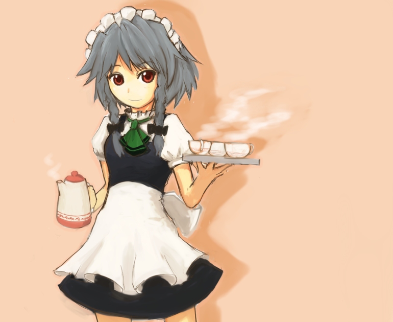 kokotetsu, izayoi sakuya, embodiment of scarlet devil, touhou, silver hair, 1girl, cup, dress, female focus, maid, red eyes, solo, tea, teacup, teapot, tray