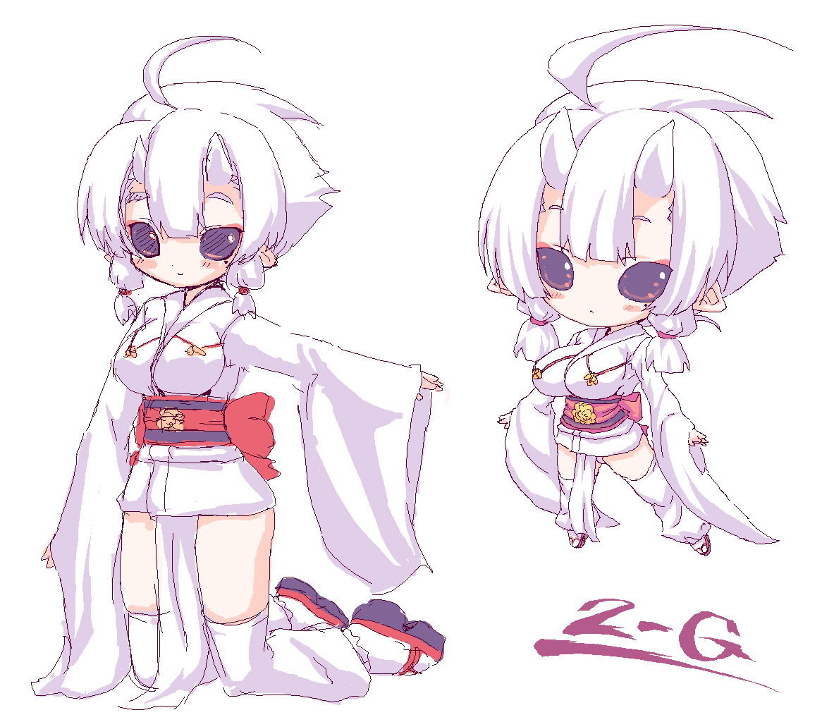 2-g, original, 1girl, ahoge, breasts, fundoshi, geta, horns, japanese clothes, kimono, leg warmers, mole, mole under eye, multiple views, obi, oekaki, okobo, platform sandals, pointy ears, purple eyes, sandals, sash, short kimono, small breasts, white hair