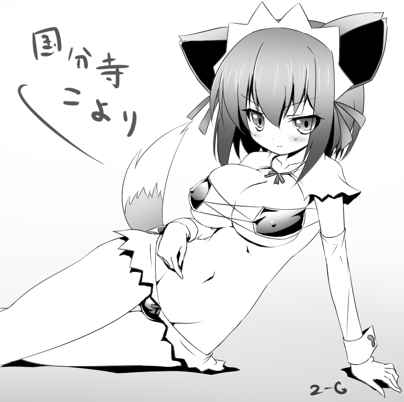 2-g, kokubunji koyori, nurse witch komugi-chan, 00s, 1girl, animal ears, arm support, bikini, breasts, female focus, fox tail, greyscale, large breasts, lowleg, lowleg bikini, lying, micro bikini, monochrome, navel, on side, raccoon ears, raccoon tail, solo, swimsuit, tail, wrist cuffs