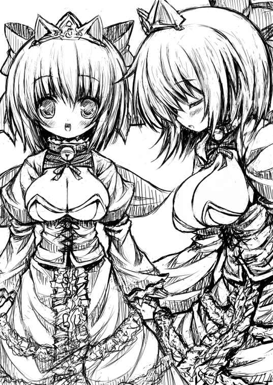 2-g, bad id, bad pixiv id, 1girl, bell, blush, breasts, cleavage, closed eyes, collar, dress, greyscale, jingle bell, large breasts, monochrome, neck bell, short hair, tiara