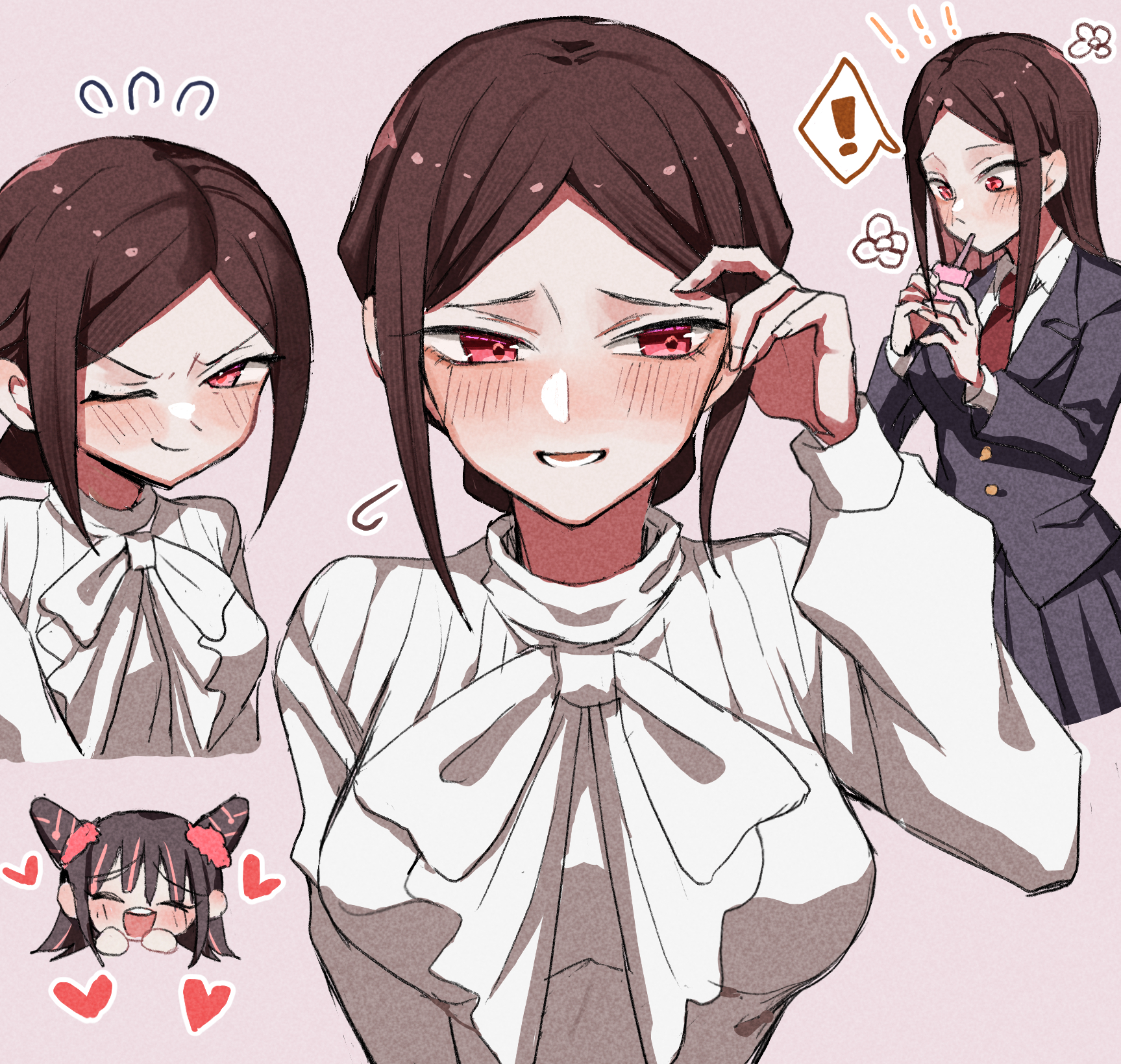 hiiro (kiiro ex), morikita kimari, usami shiina, kimi no koto ga dai dai dai dai daisuki na 100-nin no kanojo, commentary request, highres, !, 2girls, :d, ;), black hair, black jacket, black skirt, blush, bow, bowtie, breasts, brown hair, chibi, chibi inset, cone hair bun, drinking straw, drinking straw in mouth, flying sweatdrops, grey background, hair bun, heart, jacket, large breasts, long hair, long sleeves, multicolored hair, multiple girls, multiple views, one eye closed, open mouth, parted bangs, pink hair, pleated skirt, red eyes, school uniform, shirt, simple background, skirt, smile, spoken exclamation mark, streaked hair, two-tone hair, v-shaped eyebrows, white bow, white bowtie, white shirt