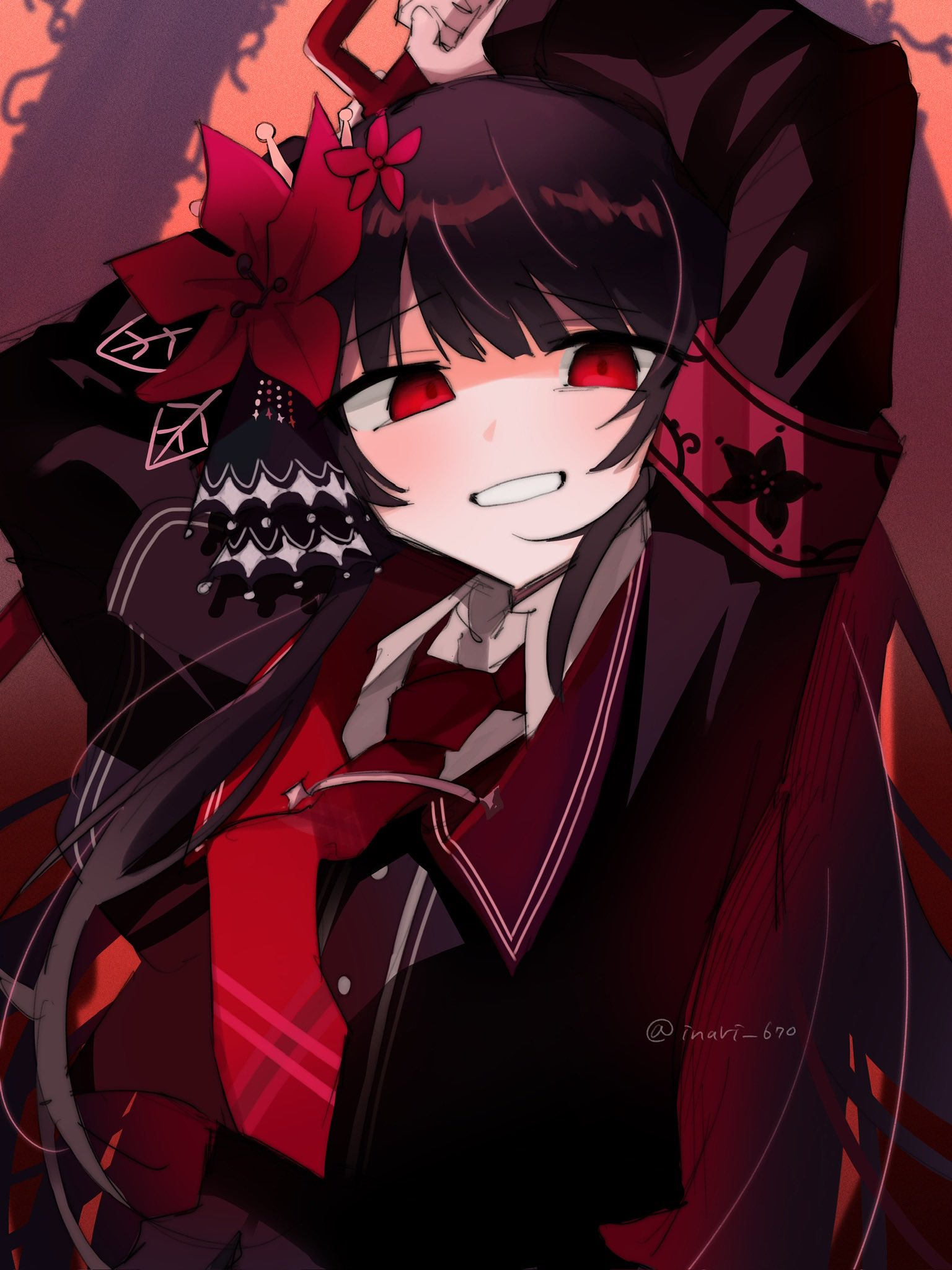 nikaidou hiro, mahou shoujo no majo saiban, commentary request, highres, 1girl, arms up, black hair, black shirt, blunt bangs, collared shirt, empty eyes, flower, hair flower, hair ornament, holding, holding above head, holding weapon, inari (inari 670), long hair, long sleeves, looking at viewer, magical girl, necktie, red eyes, red flower, red necktie, shaded face, shirt, smile, solo, twitter username, upper body, weapon