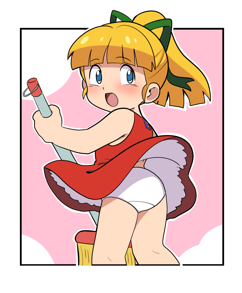 yume yoroi, roll (mega man), capcom, mega man (classic), mega man (series), 1girl, android, ass, blonde hair, blue eyes, blush, broom, dress, from behind, green ribbon, hair ribbon, holding, holding broom, long hair, looking back, open mouth, panties, pink background, ponytail, red dress, ribbon, robot, sleeveless, sleeveless dress, standing, underwear, white panties, wind, wind lift
