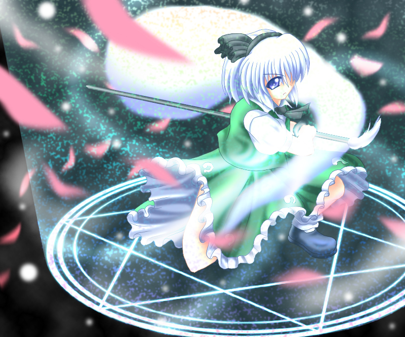 hidechuu, konpaku youmu, konpaku youmu (ghost), touhou, bad id, bad pixiv id, 1girl, female focus, fighting stance, ghost, hair over one eye, hairband, hexagram, hitodama, katana, magic circle, petals, ready to draw, ribbon, school uniform, serafuku, short hair, solo, sword, weapon, white hair