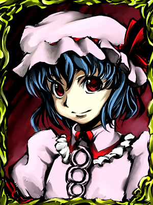 jade0530, remilia scarlet, touhou, bad id, bad pixiv id, lowres, 1girl, blue hair, female focus, hat, red eyes, ribbon, solo