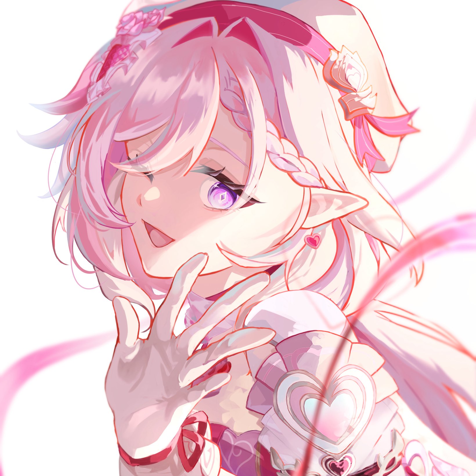 elysia (honkai impact), honkai (series), honkai impact 3rd, commentary, highres, symbol-only commentary, 1girl, ;o, beret, diamond-shaped pupils, diamond (shape), dress, earrings, elf, elysia (hi elf of love) (honkai impact), gloves, hat, heart, heart earrings, jewelry, long hair, looking at viewer, lyzz156, multicolored hair, one eye closed, pink hair, pointy ears, purple eyes, solo, symbol-shaped pupils, two-tone hair, upper body, very long hair, white background, white gloves, white hair, white hat