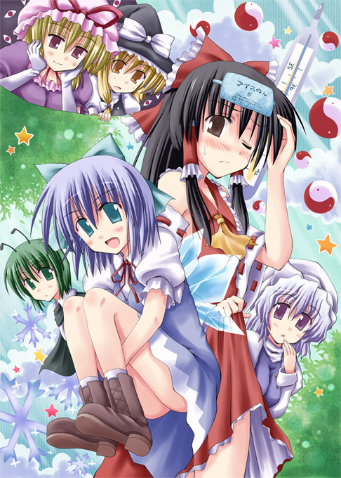 creaholic, toshihiro, cirno, hakurei reimu, kirisame marisa, letty whiterock, wriggle nightbug, yakumo yukari, touhou, 6+girls, antennae, black hair, blonde hair, blue eyes, blue hair, female focus, gap (touhou), green eyes, green hair, hat, japanese clothes, long hair, miko, multiple girls, one eye closed, purple eyes, ribbon, short hair, thermometer, wings, wink, yellow eyes