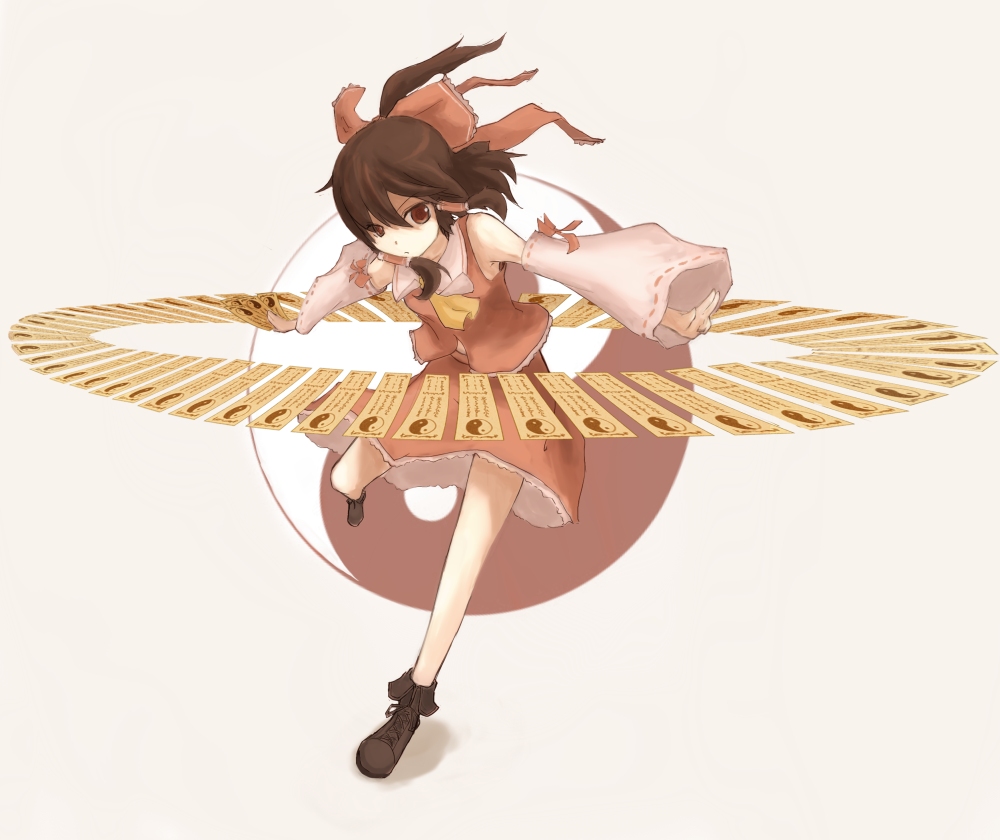 cocotetu, kokotetsu, hakurei reimu, touhou, bad id, bad pixiv id, 1girl, brown eyes, brown hair, danmaku, detached sleeves, female focus, full body, japanese clothes, miko, ofuda, ribbon, skirt, solo