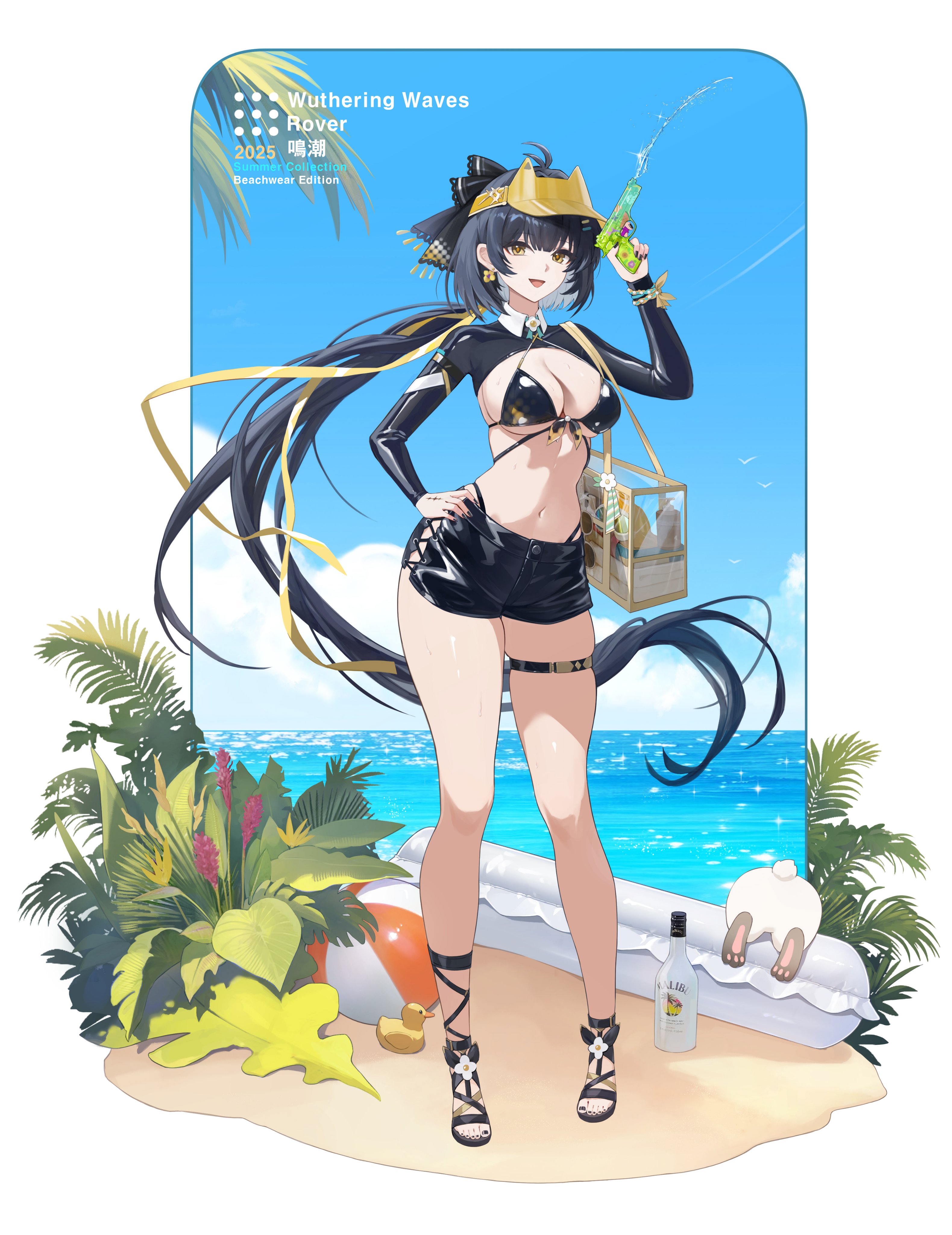bisqqque, abby (wuthering waves), female rover (wuthering waves), rover (wuthering waves), wuthering waves, absurdres, commentary, highres, symbol-only commentary, 1girl, bag, ball, bare legs, beachball, bikini, black bikini, black bow, black hair, black shorts, black shrug, blue sky, bottle, bow, breasts, character name, cleavage, colored inner hair, cross-laced clothes, cross-laced shorts, day, earrings, english text, flower earrings, full body, hair bow, hand on own hip, holding, holding water gun, jewelry, legs, long hair, long sleeves, looking at viewer, medium breasts, multicolored hair, navel, ocean, open mouth, outdoors, sandals, shorts, shrug (clothing), skindentation, sky, smile, standing, stomach, swimsuit, tacet mark (wuthering waves), thigh strap, thighs, toes, very long hair, visor cap, water gun, white hair, yellow eyes, yellow visor