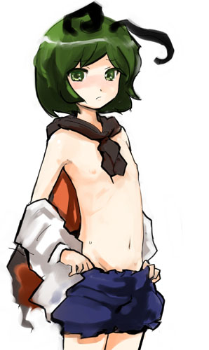 kamaboko red, wriggle nightbug, touhou, bad id, bad pixiv id, lowres, 1girl, androgynous, antennae, arthropod girl, bloomers, cape, female focus, flat chest, green eyes, green hair, loli, matching hair/eyes, nipples, reverse trap, short hair, simple background, solo, topless female, underwear, undressing, white background