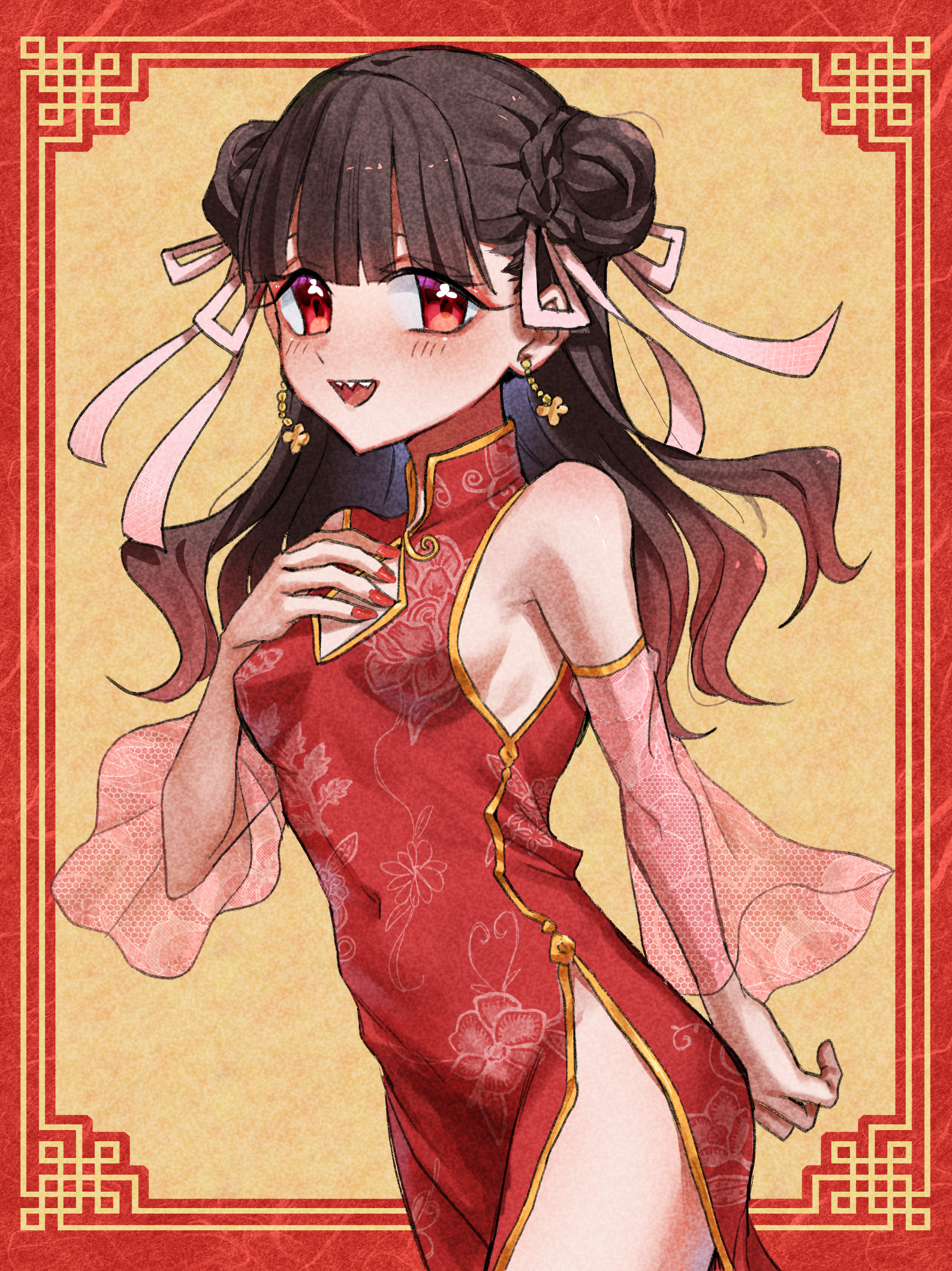 hiiro (kiiro ex), baio rin, kimi no koto ga dai dai dai dai daisuki na 100-nin no kanojo, absurdres, commentary request, highres, 1girl, :d, bare shoulders, black hair, blunt bangs, border, breasts, brown hair, bun with braided base, china dress, chinese clothes, cleavage cutout, clothing cutout, covered navel, cowboy shot, detached sleeves, double bun, dress, earrings, gradient hair, hair bun, hair ribbon, hand on own chest, jewelry, long hair, long sleeves, looking at viewer, multicolored hair, nail polish, open mouth, ornate border, outside border, pink ribbon, red border, red dress, red eyes, red nails, ribbon, see-through clothes, see-through sleeves, sharp teeth, side slit, simple background, small breasts, smile, solo, symbol in eye, teeth, wide sleeves, yellow background