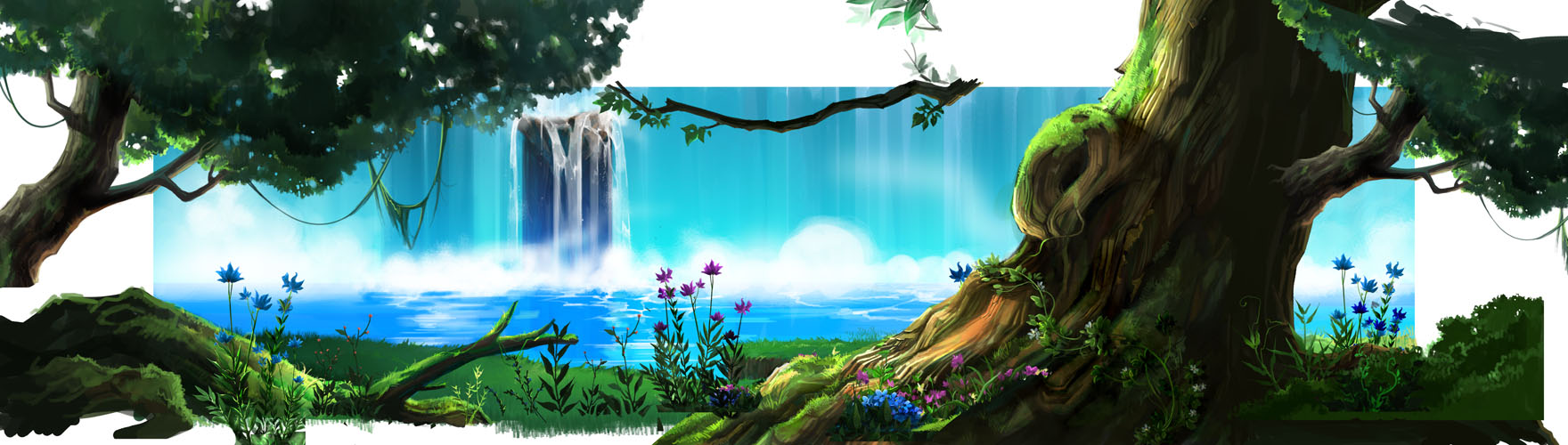 mugon, highres, long image, panorama, wide image, flower, landscape, nature, scenery, tree, water, waterfall