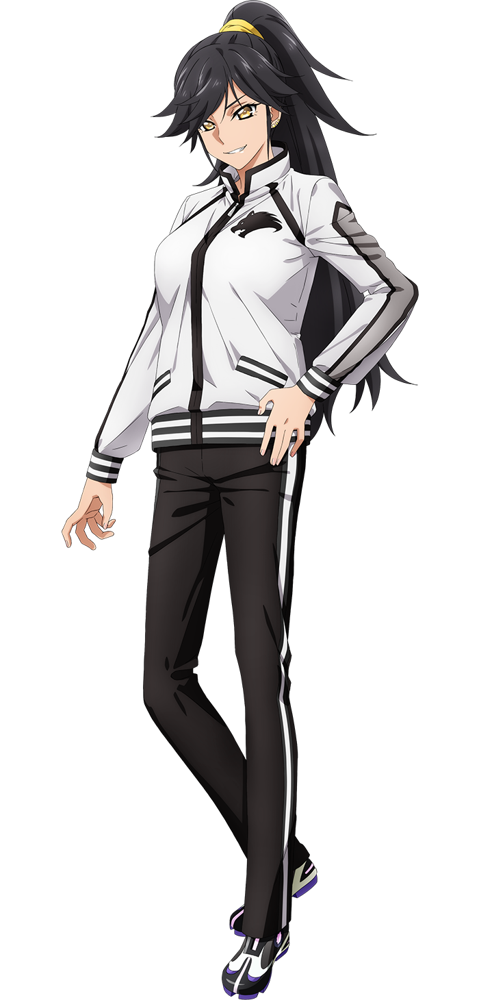 arakaki issei, ashley vancroft, extreme hearts, highres, official art, 1girl, anime coloring, black hair, black pants, breasts, collared jacket, flipped hair, full body, hand on own hip, high ponytail, jacket, large breasts, long hair, long sleeves, looking at viewer, open mouth, pants, ponytail, shoes, simple background, smile, sneakers, solo, standing, tachi-e, teeth, tented shirt, track suit, transparent background, tsurime, v-shaped eyebrows, very long hair, white jacket, white shoes, wolf print, yellow eyes