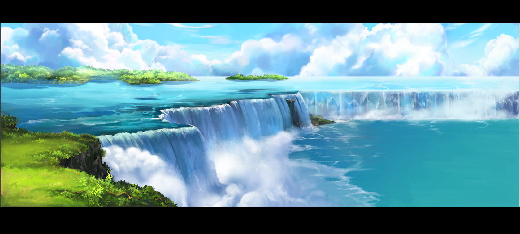 mugon, original, highres, long image, panorama, wide image, cloud, day, landscape, letterboxed, nature, no humans, scenery, sky, tree, water, waterfall
