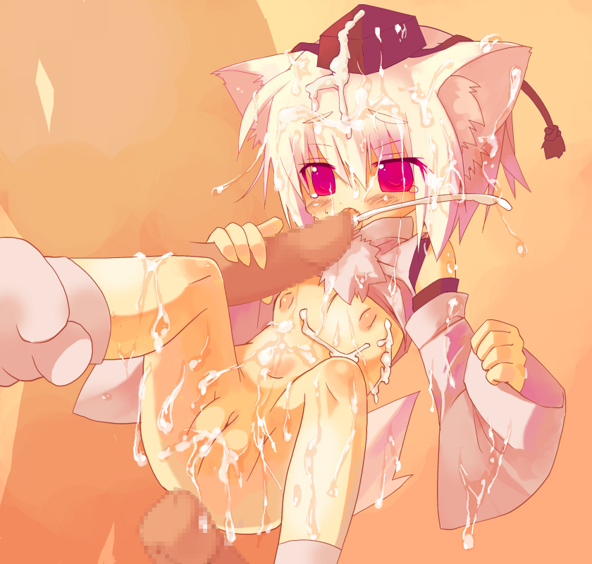 sakurazari hotori, inubashiri momiji, touhou, md5 mismatch, 1boy, 1girl, animal ears, bukkake, censored, cum, cum on body, cum on lower body, cum on upper body, detached sleeves, facial, fellatio, flat chest, group sex, hat, hetero, japanese clothes, loli, oral, penis, red eyes, sex, short hair, solo focus, tail, white hair, wolf ears, wolf tail