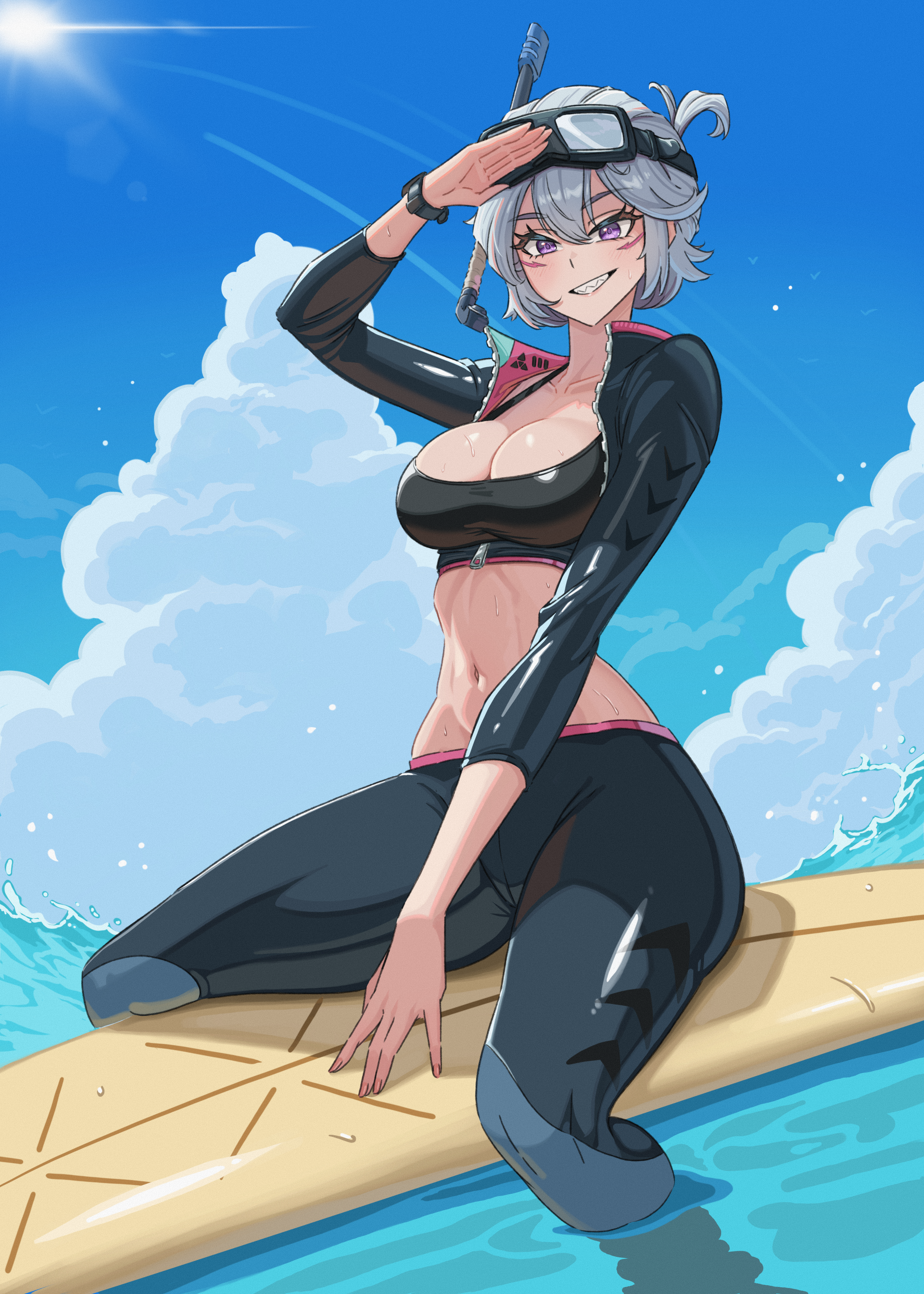 emmettart, sl8 (girls' frontline), sl8 (wave crest) (girls' frontline), girls' frontline, absurdres, commentary, english commentary, highres, 1girl, blue sky, breasts, cleavage, day, diving mask, diving mask on head, diving suit, goggles, goggles on head, grin, large breasts, looking at viewer, medium hair, ocean, official alternate costume, outdoors, pants, purple eyes, sky, smile, stomach, sun glare, surfboard, swimsuit, teeth, water