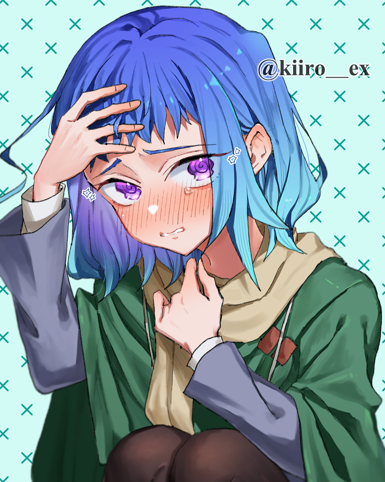 hiiro (kiiro ex), nakaji uto, kimi no koto ga dai dai dai dai daisuki na 100-nin no kanojo, commentary request, highres, 1girl, @ @, artist name, blue hair, blush, capelet, embarrassed, gradient hair, green capelet, grey jacket, hand on own forehead, jacket, long sleeves, looking at viewer, multicolored hair, no headwear, nose blush, purple eyes, scarf, short hair, simple background, solo, squatting, tearing up, twitter username, wavy eyes, yellow scarf