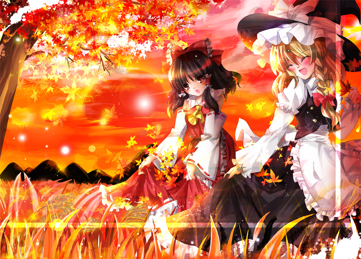 aquamarine, hakurei reimu, kirisame marisa, touhou, 2girls, autumn, black hair, blonde hair, blush, braid, closed eyes, detached sleeves, female focus, grass, hat, japanese clothes, leaf, long hair, miko, multiple girls, nature, outdoors, plant, red eyes, ribbon, short hair, skirt, sky, smile, sunset, witch, witch hat