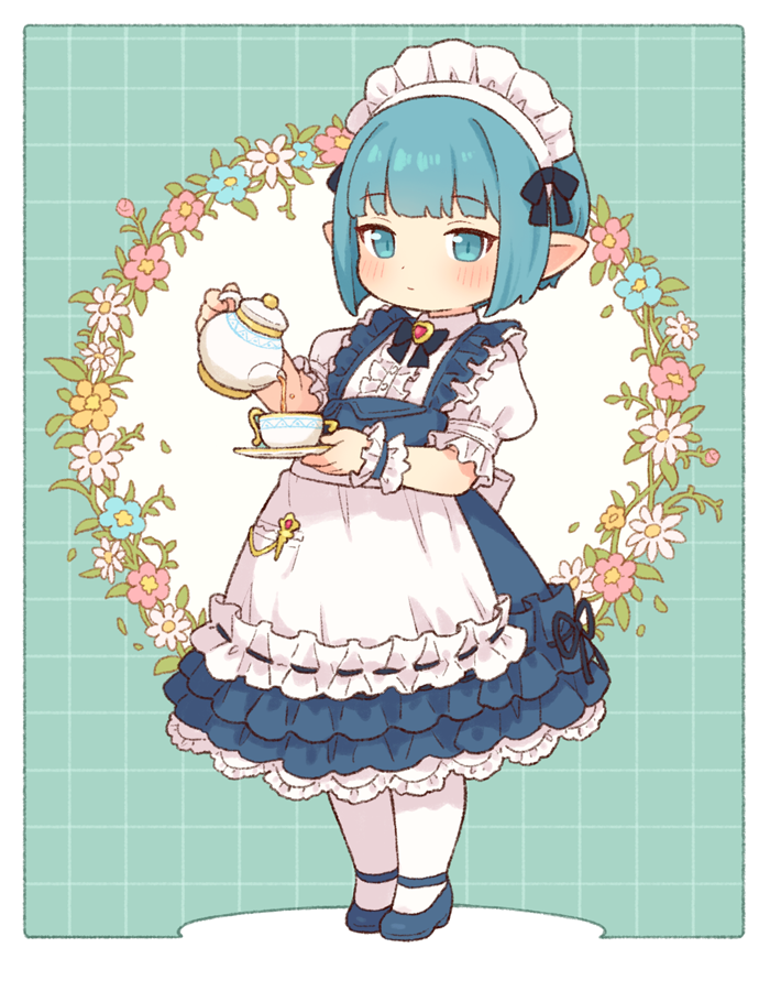 onyhakase, final fantasy, final fantasy xiv, commentary, 1girl, apron, blue dress, blue eyes, blue hair, center frills, cup, dress, flower, frilled dress, frills, full body, holding, holding teapot, lalafell, maid, maid headdress, pantyhose, pointy ears, short hair, short sleeves, solo, standing, teacup, teapot, white pantyhose, wrist cuffs