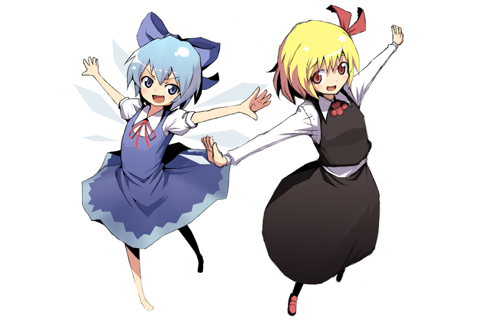 kasuga ayumu (artist), kasuga ayumu (haruhipo), cirno, rumia, embodiment of scarlet devil, touhou, bad id, bad pixiv id, 2girls, blonde hair, blue eyes, blue hair, bow, female focus, hair ribbon, multiple girls, outstretched arms, red eyes, ribbon, short hair, spread arms, wings