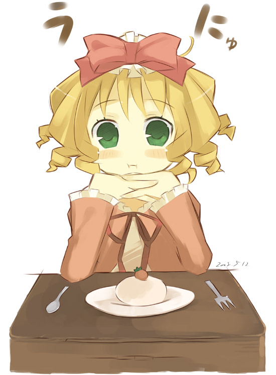 noripachi, hinaichigo, rozen maiden, 00s, 1girl, blonde hair, bow, daifuku, female focus, food, fork, green eyes, ichigo daifuku, pink bow, ribbon, solo, spoon, unyu, wagashi