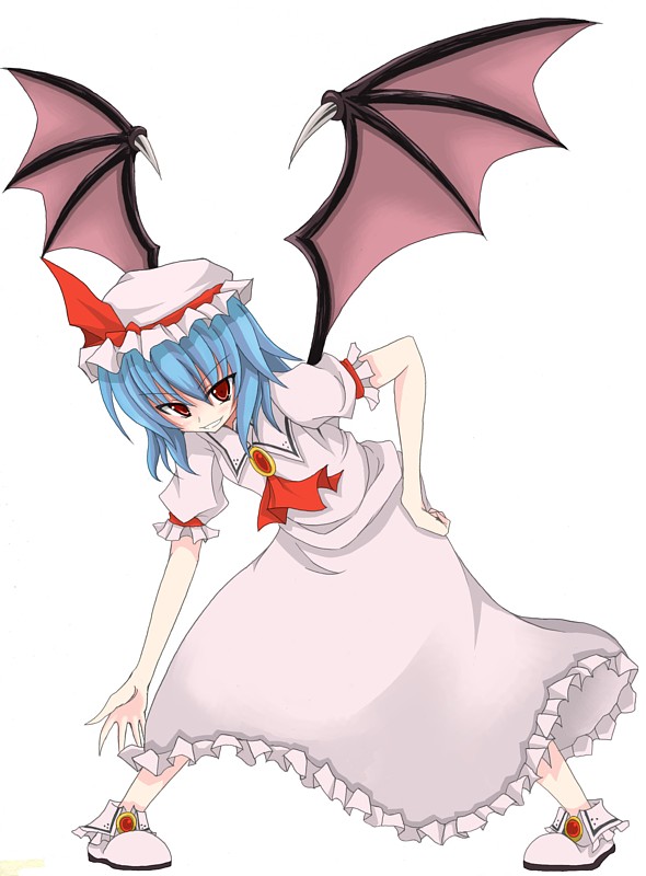 korican, remilia scarlet, touhou, 1girl, bat wings, blue hair, brooch, dress, female focus, full body, hat, jewelry, red eyes, ribbon, short hair, simple background, smile, solo, white background, wings