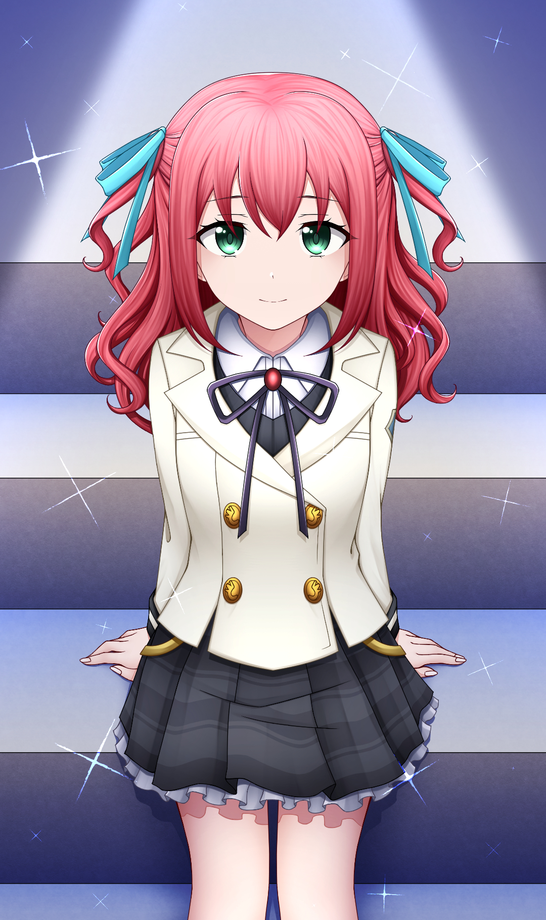 takachiho stella, shoujo kageki revue starlight, shoujo kageki revue starlight -re live-, commentary request, highres, 1girl, aqua ribbon, arms at sides, black skirt, buttons, clea ekos, closed mouth, collared shirt, cowboy shot, double-breasted, frilled skirt, frills, green eyes, hair ribbon, indoors, jacket, light smile, long hair, long sleeves, looking at viewer, miniskirt, neck ribbon, plaid clothes, plaid skirt, purple ribbon, red hair, ribbon, school uniform, shirt, sitting, sitting on stairs, skirt, solo, sparkle, spotlight, stairs, two side up, wavy hair, white jacket, white shirt