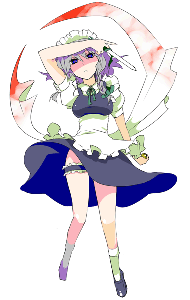 kamaboko red, izayoi sakuya, touhou, silver hair, bad id, bad pixiv id, 1girl, braid, female focus, frilled thigh strap, full body, knife, maid, purple eyes, short hair, simple background, solo, thigh strap, throwing knife, weapon, white background