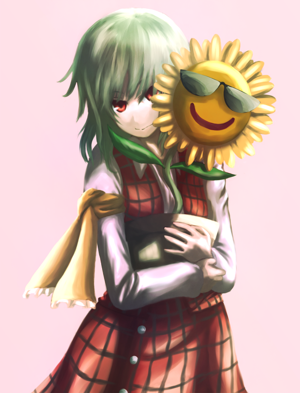 tori rui, kazami yuuka, touhou, 1girl, ascot, female focus, flower, flower pot, green hair, pink background, plaid clothes, plaid skirt, plaid vest, red eyes, short hair, skirt, skirt set, smile, solo, sunflower, sunglasses, vest