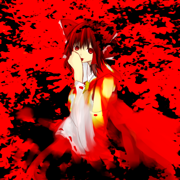 hakurei reimu, touhou, bad id, bad pixiv id, 1girl, bad anatomy, female focus, japanese clothes, miko, poorly drawn, red eyes, ribbon, solo, tongue