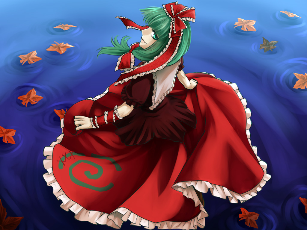 aseki, azumi yuzuru, kagiyama hina, touhou, bad id, bad pixiv id, painttool sai (medium), 1girl, female focus, front ponytail, green eyes, green hair, hair ribbon, leaf, long hair, matching hair/eyes, ribbon, solo, water