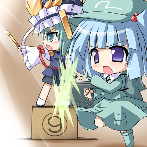 katami shinta, kawashiro nitori, shiki eiki, touhou, lowres, 2girls, blue eyes, blue hair, chibi, circled 9, female focus, gradient background, green eyes, green hair, gun, hat, multiple girls, rod of remorse, short hair, skirt, two side up, weapon, white background