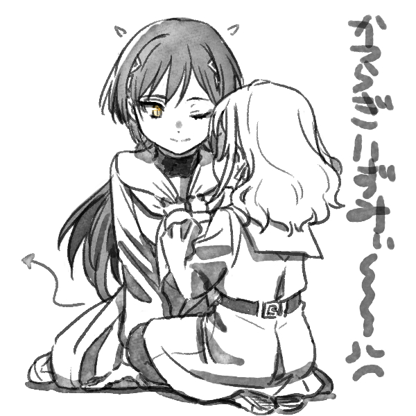 shinanoya (satanicad), ceras yanagida lilienfeld, katsuragi izumi, link! like! love live!, love live!, translated, 2girls, ;), anger vein, closed mouth, clothes grab, collar grab, demon horns, demon tail, drawn horns, drawn tail, dress, full body, greyscale, hair ornament, hair ribbon, hasu no sora school uniform, horns, long hair, long sleeves, looking at another, monochrome, multicolored dress, multiple girls, neckerchief, neckwear grab, one eye closed, pantyhose, pleated dress, ribbon, sailor collar, school uniform, seiza, sitting, slit pupils, smile, split mouth, spoken anger vein, tail, triangle hair ornament, virtual youtuber, winter uniform, wolf cut, yellow eyes