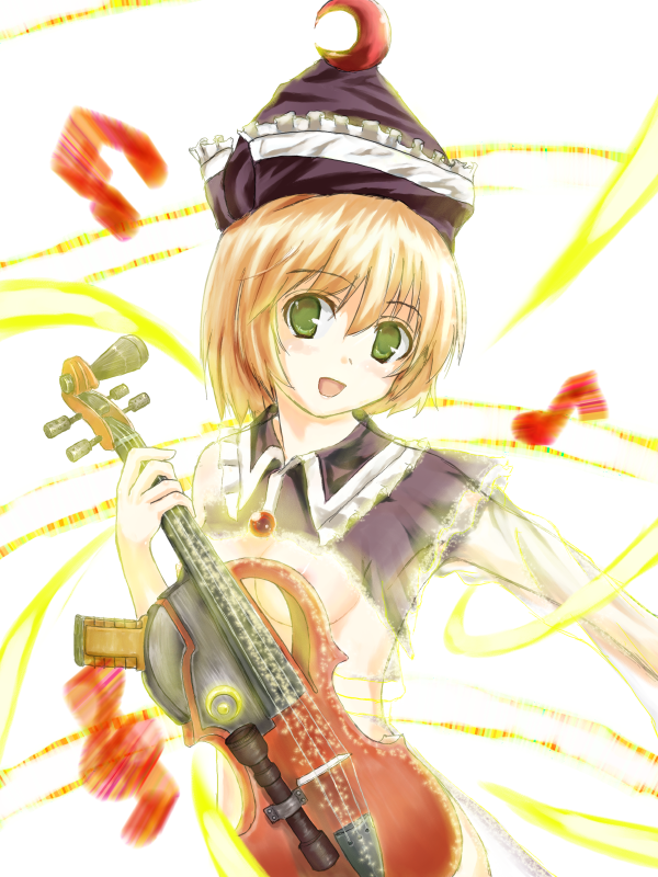kuku, lunasa prismriver, touhou, 1girl, breasts, dissolving clothes, female focus, hat, instrument, musical note, nipples, nude, short hair, solo, upper body, violin