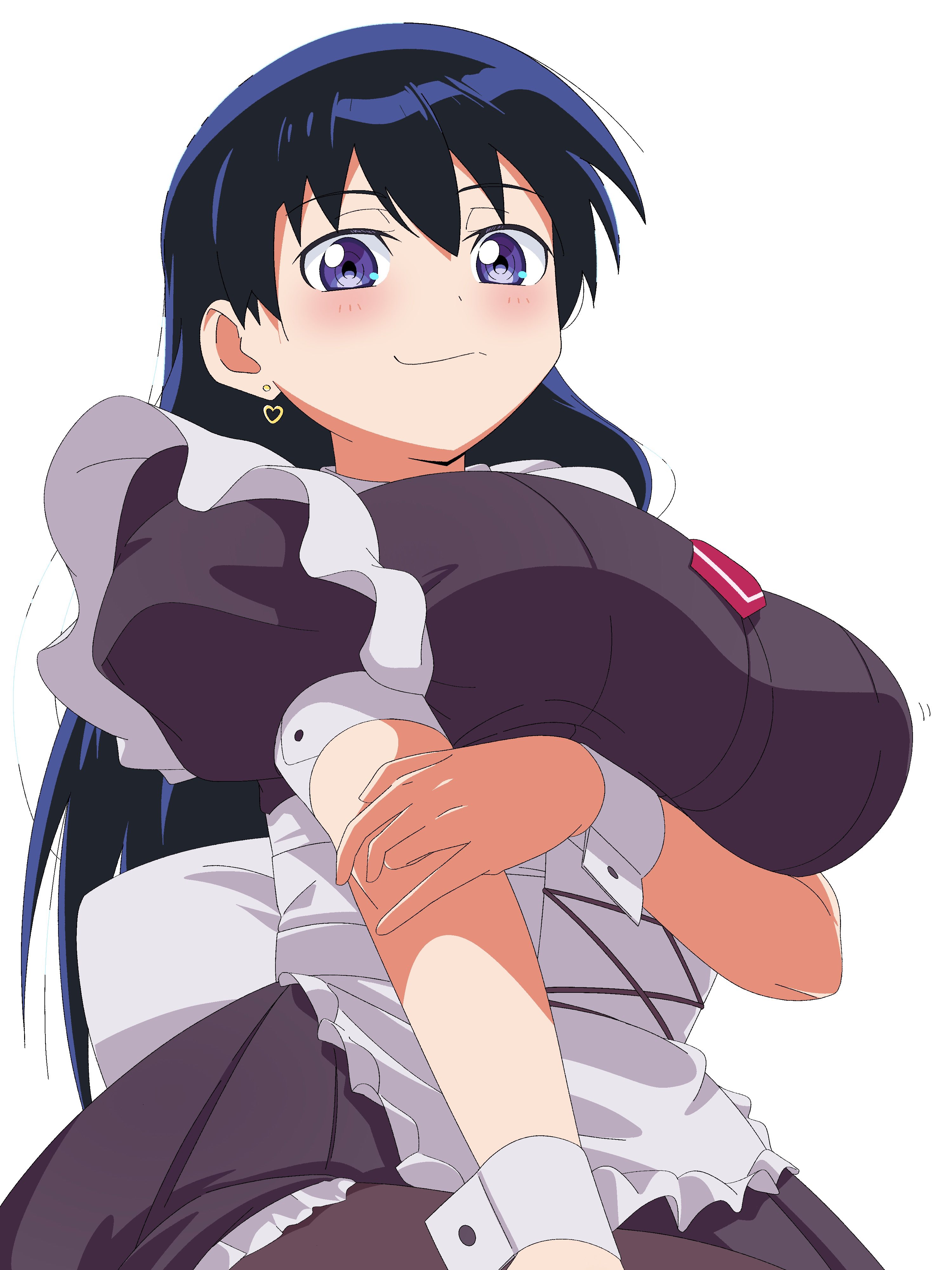 arato nagi, ruri no houseki, absurdres, highres, tagme, 1girl, apron, black hair, blue eyes, blush, breasts, closed mouth, cowboy shot, earrings, heart, heart earrings, jewelry, large breasts, long hair, looking at viewer, maid, maid apron, neontetra 023, simple background, smile, solo, white apron, white background