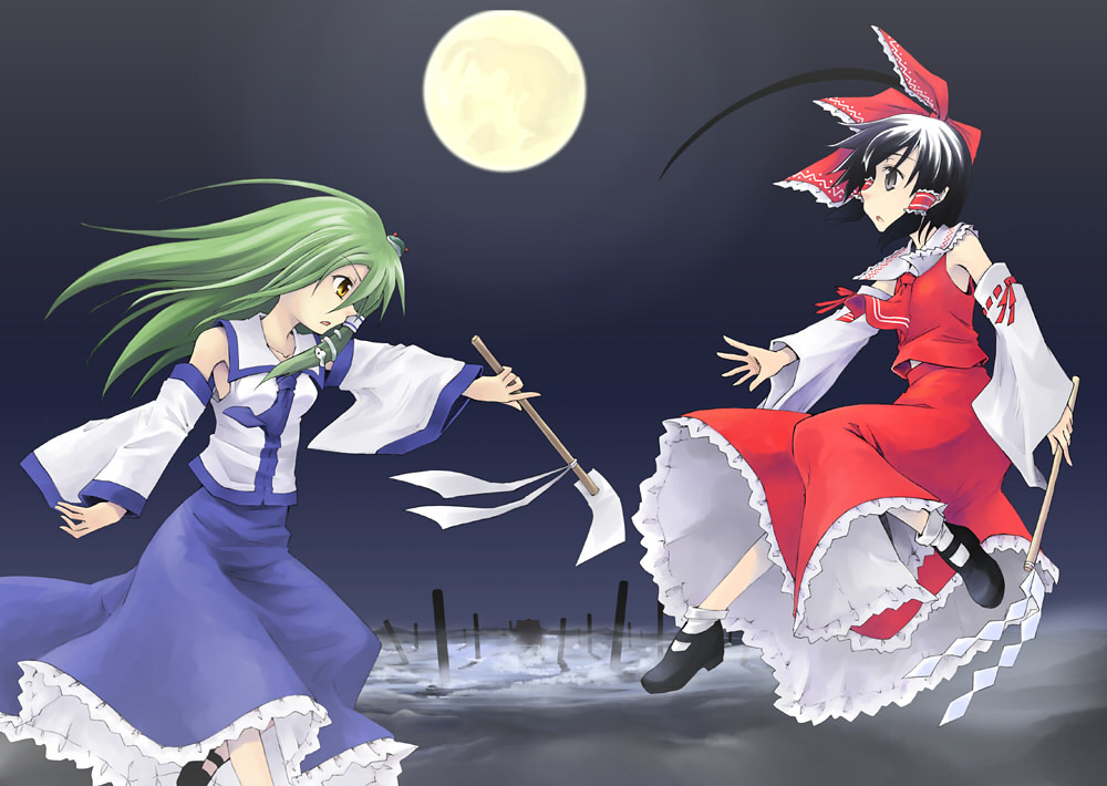 hitsujin, hakurei reimu, kochiya sanae, touhou, 2girls, black hair, blonde hair, detached sleeves, female focus, flying, full moon, gohei, green hair, japanese clothes, long hair, miko, moon, multiple girls, outdoors, ribbon, skirt, sky