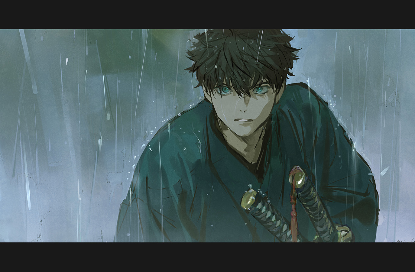 huangdanlan, miyamoto iori (fate), fate/samurai remnant, fate (series), commentary request, 1boy, green eyes, hair between eyes, japanese clothes, letterboxed, looking at viewer, male focus, parted lips, rain, short hair, solo, sword, upper body, weapon, wet
