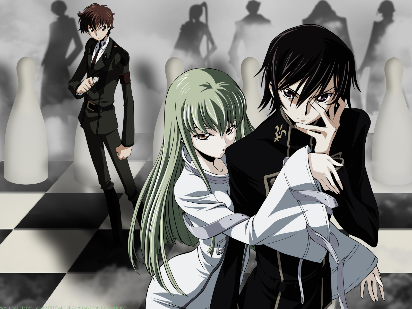 c.c., kururugi suzaku, lelouch vi britannia, code geass, highres, non-web source, 00s, 1girl, 2boys, black hair, board game, chess, chessboard, collared shirt, formal clothes, green hair, hug, hug from behind, long sleeves, looking at viewer, multiple boys, pants, purple eyes, robe, shirt, silhouette, suit, white shirt, yellow eyes