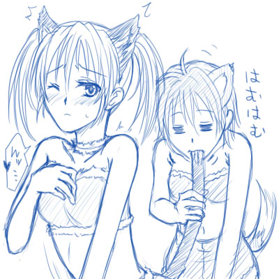 subaru nakajima, teana lanster, lyrical nanoha, mahou shoujo lyrical nanoha, mahou shoujo lyrical nanoha strikers, lowres, 00s, 2girls, ahoge, animal ears, blush, choker, midriff, monochrome, multiple girls, wink, yuri