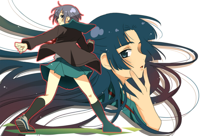 katsuko (naruto), asakura ryoko, nagato yuki, suzumiya haruhi no yuuutsu, silver hair, 00s, blue eyes, blue hair, cardigan, legs, school uniform, serafuku, short hair