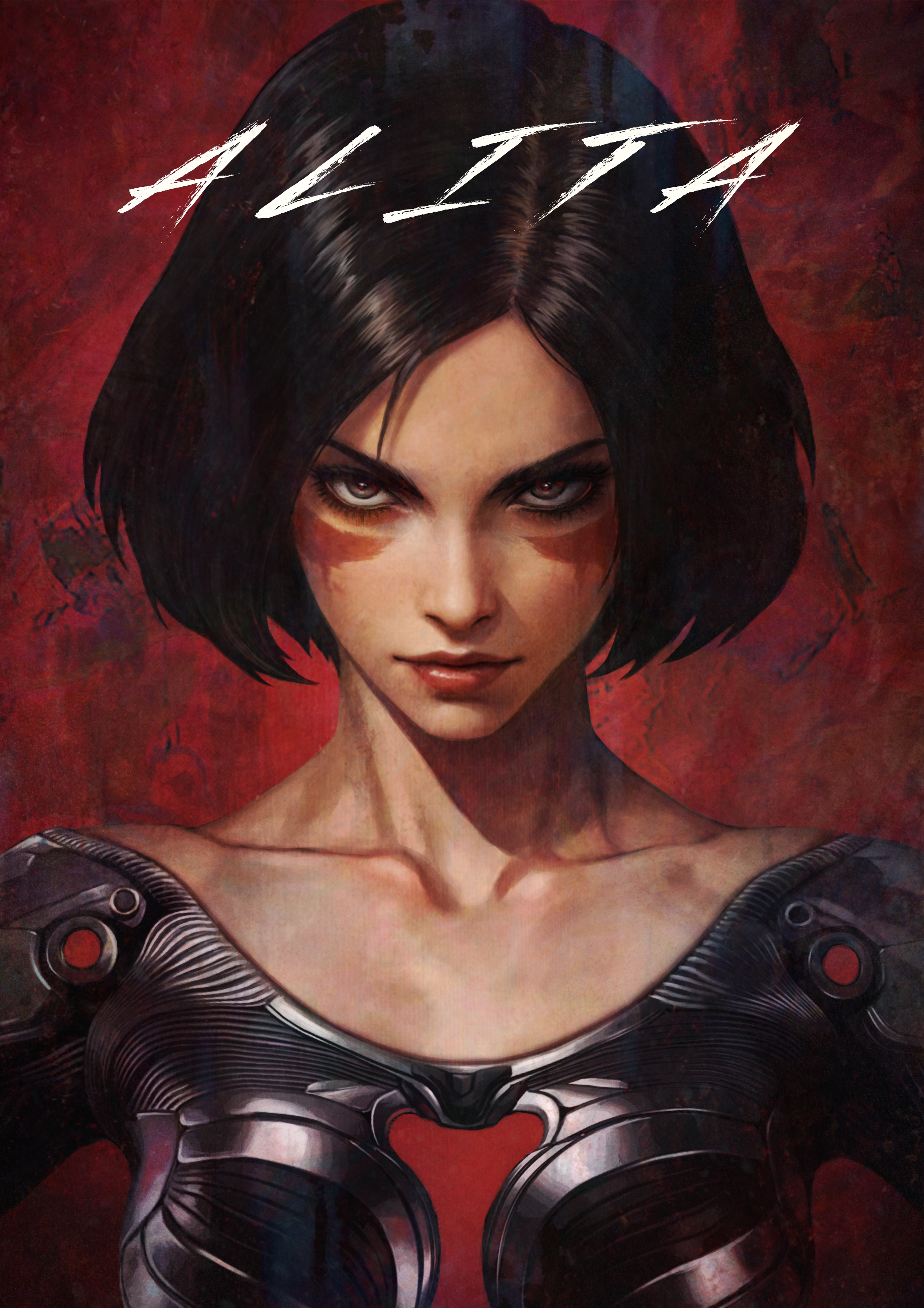 monori rogue, alita, battle angel alita, absurdres, highres, 1girl, bare shoulders, black hair, brown eyes, collarbone, cyborg, expressionless, facepaint, faux traditional media, head tilt, looking at viewer, mechanical arms, portrait, red background, science fiction, short hair, solo