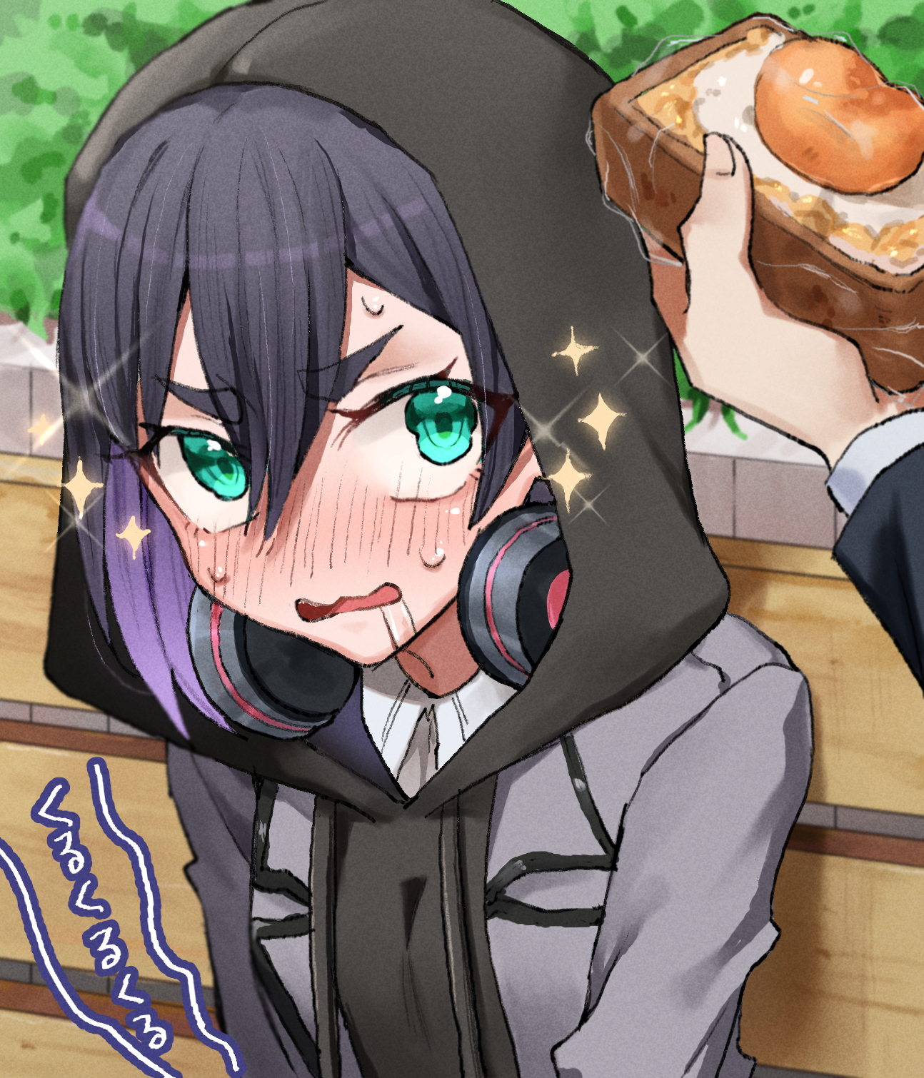 hiiro (kiiro ex), aijou rentarou, haraga kurumi, kimi no koto ga dai dai dai dai daisuki na 100-nin no kanojo, commentary request, highres, 1boy, 1girl, black hair, black hoodie, blurry, blurry foreground, blush, bread, bread slice, bush, collared shirt, day, drooling, food, fried egg, fried egg on toast, from above, furrowed brow, green eyes, grey jacket, hair between eyes, headphones, headphones around neck, holding, holding food, hood, hood up, hoodie, hungry, jacket, looking at food, looking up, multicolored hair, nose blush, ohananomitsu middle school uniform, on bench, open mouth, out of frame, outdoors, purple hair, saliva, school uniform, shirt, short hair, solo focus, sparkle, stomach growling, tears, thick eyebrows, toast, twitter username, upper body, v-shaped eyebrows, wavy mouth, white shirt