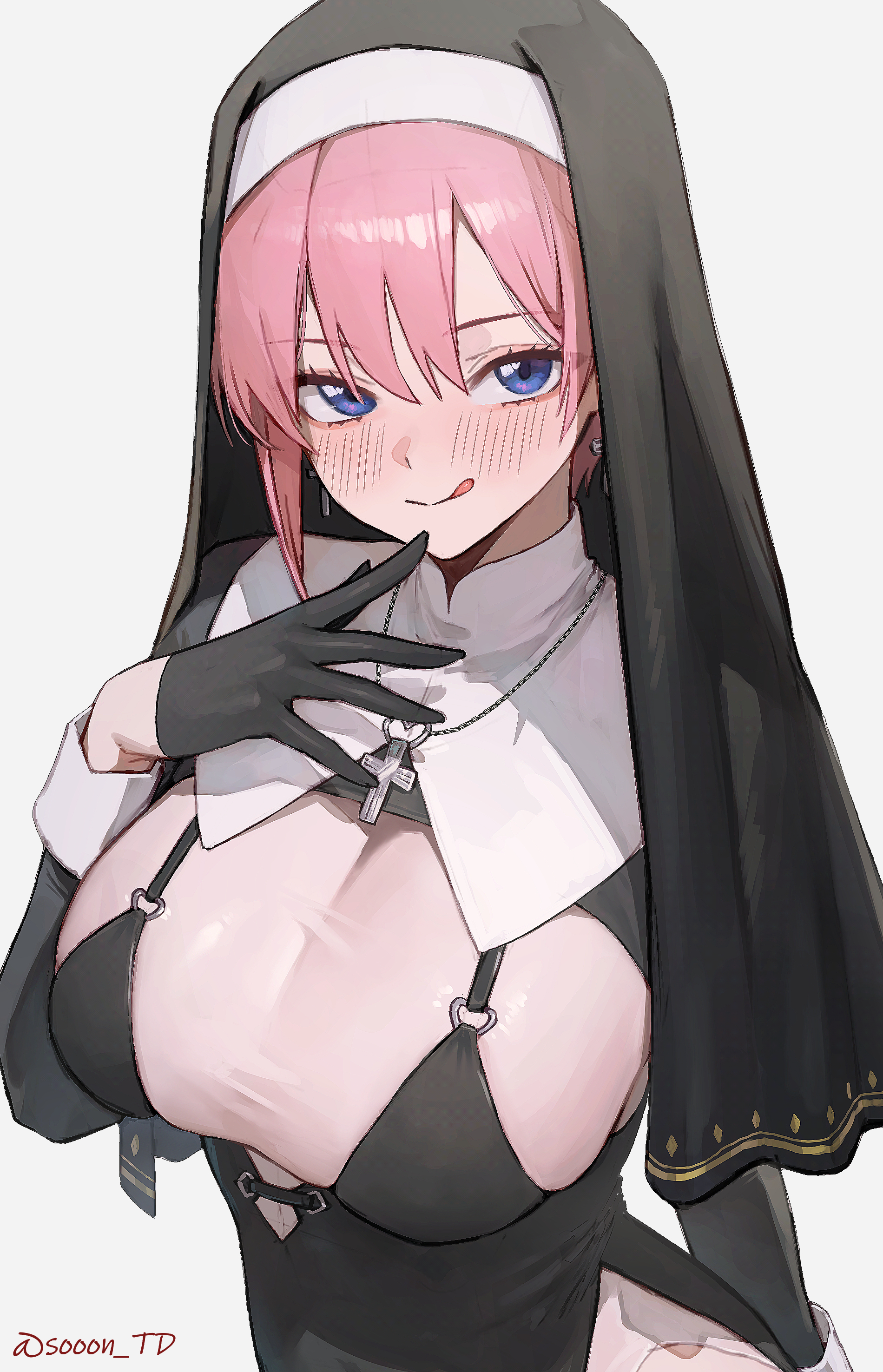 sooon, nakano ichika, go-toubun no hanayome, absurdres, highres, 1girl, black dress, black gloves, black veil, blush, breasts, cross, cross necklace, dress, gloves, huge breasts, jewelry, long sleeves, looking at viewer, necklace, nun, pink hair, purple eyes, short hair, smile, solo, tongue, tongue out, twitter username, veil, white background