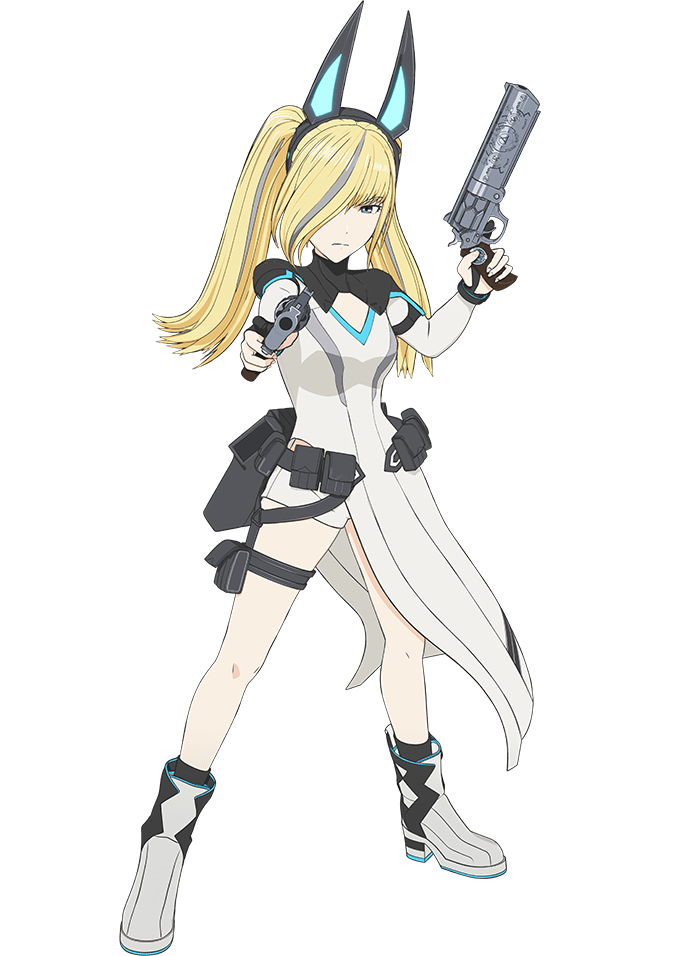 kozaki yuusuke, estab-life: great escape, official art, 1girl, anime coloring, belt, belt pouch, black belt, blonde hair, boots, breasts, closed mouth, dual wielding, feles (estab-life), full body, grey hair, gun, hair over one eye, handgun, holding, holding gun, holding weapon, long bangs, long hair, long sleeves, looking at viewer, medium breasts, multicolored hair, pouch, shirt, short shorts, shorts, simple background, solo, standing, tachi-e, thigh belt, thigh pouch, thigh strap, thighs, transparent background, twintails, two-tone hair, weapon, white boots, white shirt, white shorts