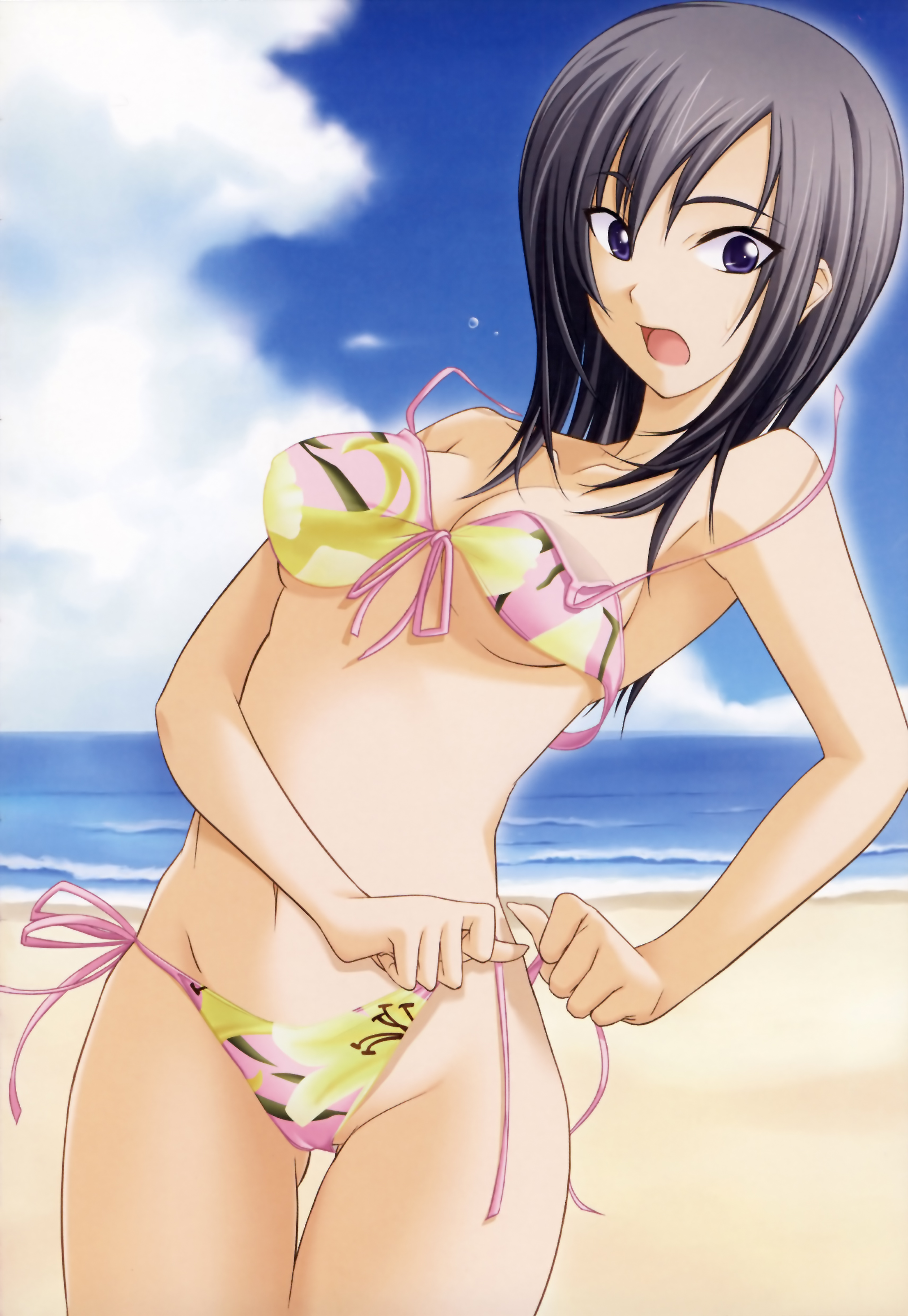 kawagishi keitarou, hizuki shino, ringetsu, absurdres, highres, 1girl, beach, bikini, black hair, breasts, cleavage, day, female focus, floral print, front-tie top, medium breasts, navel, open mouth, outdoors, purple hair, side-tie bikini bottom, solo, swimsuit, untied bikini, wardrobe malfunction